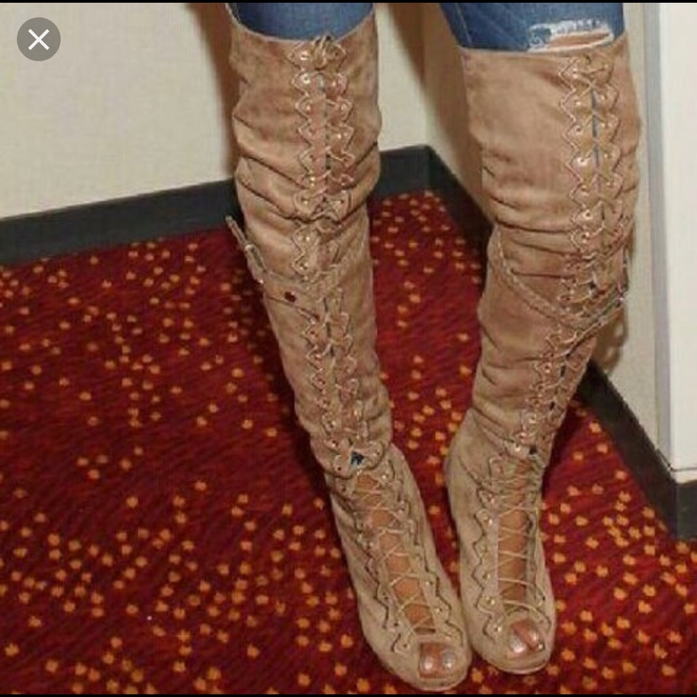 Over the knee tan faux suede lace up boots